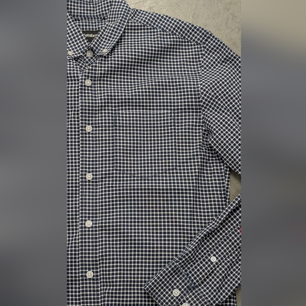 Betabrand Blue and White Checkered Button Down Shirt, Small